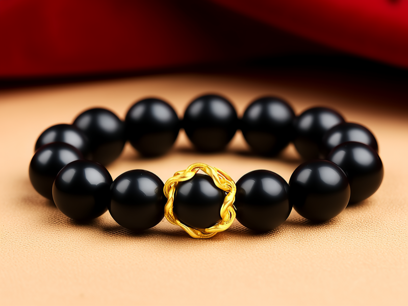 黑曜石黄金手链图片